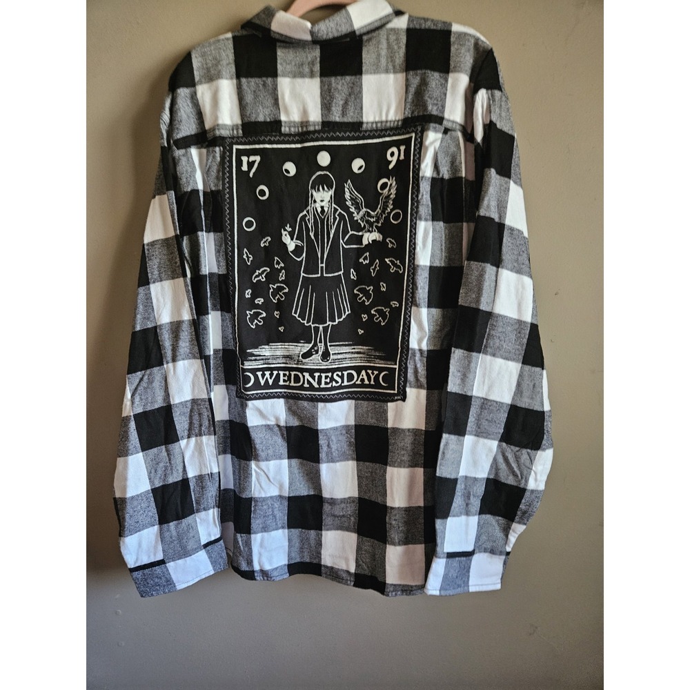 George Men's XL Plaid Flannel Shirt Black White Wednesday Long Sleeve Button-Up